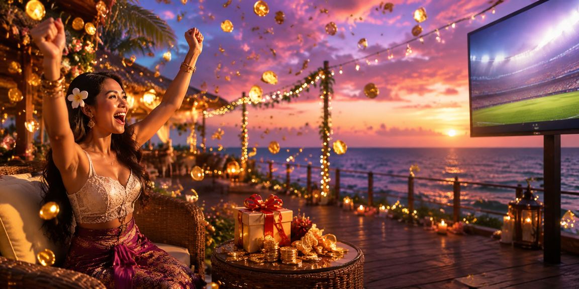 Pengguna mengakses aplikasi casino dari tepi pantai saat sore hari